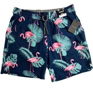 Hurley XL Men's Elastic Waist Dark Blue/Pink Flamingo Swim Trunks Stretch Volley